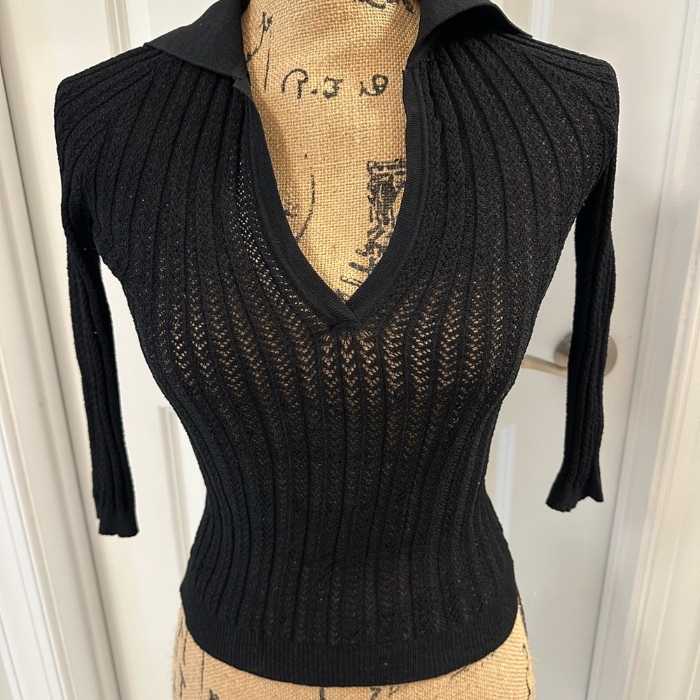 bebe Black Textured collared V-Neck Sweater